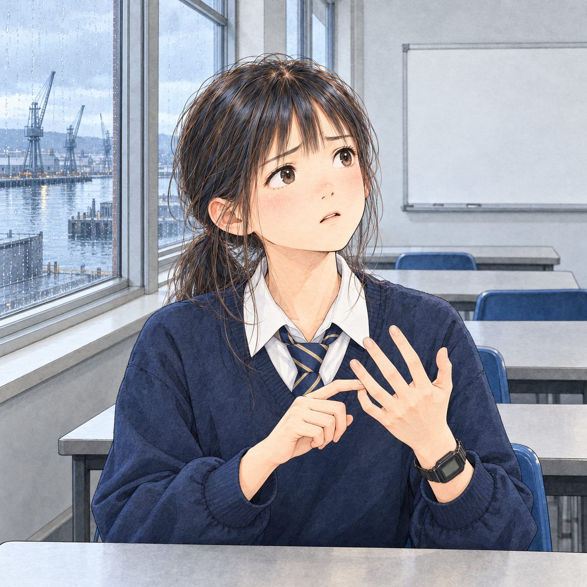 Thursday afternoon, cold sun. Xiaoyu counts on the fingers of her LEFT hand, her black watch on that wrist, looking up and RIGHT at Ms Rennie, then stops, deflated, realising. Her face in the middle of the panel. Her navy jumper below is the quiet area.