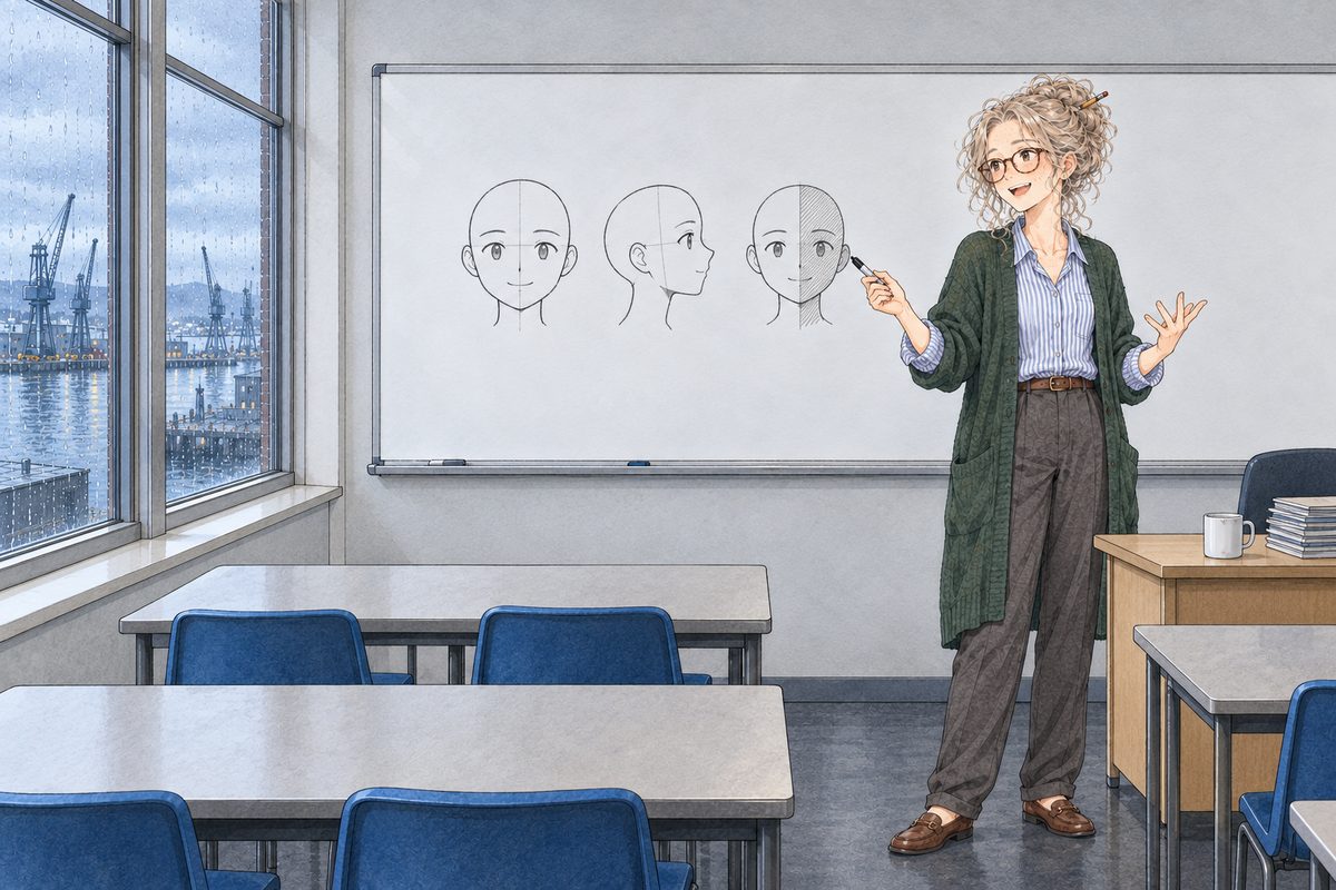 Thursday afternoon, the low sun gone grey. On the whiteboard Ms Rennie has drawn three simple round faces in black marker, the same face three times: looking straight out, turned to the side, and half filled in with grey for shadow; NO letters or numbers. Ms Rennie stands on the RIGHT third of the panel with her marker, turned LEFT towards the class, her face in the middle band. The front desks at the lower left are plain and empty. The top of the board and the wall above are the quiet area.