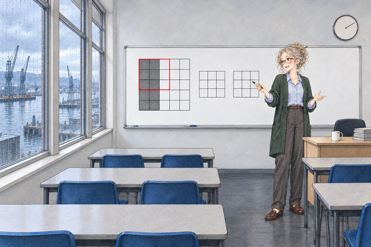 Thursday afternoon, grey light from the windows, the room lights on. On the whiteboard Ms Rennie has drawn a big square grid of five by five: the two left columns filled in dark grey, the three right columns left white; over its top-left corner a small three by three square drawn in red. Beside it, a small empty three by three grid, and further along a second small empty three by three grid. All squares only, NO numbers or letters painted. Ms Rennie stands at the RIGHT with her marker, looking LEFT at the class. Her face in the middle band. The wall above the board is the quiet area.