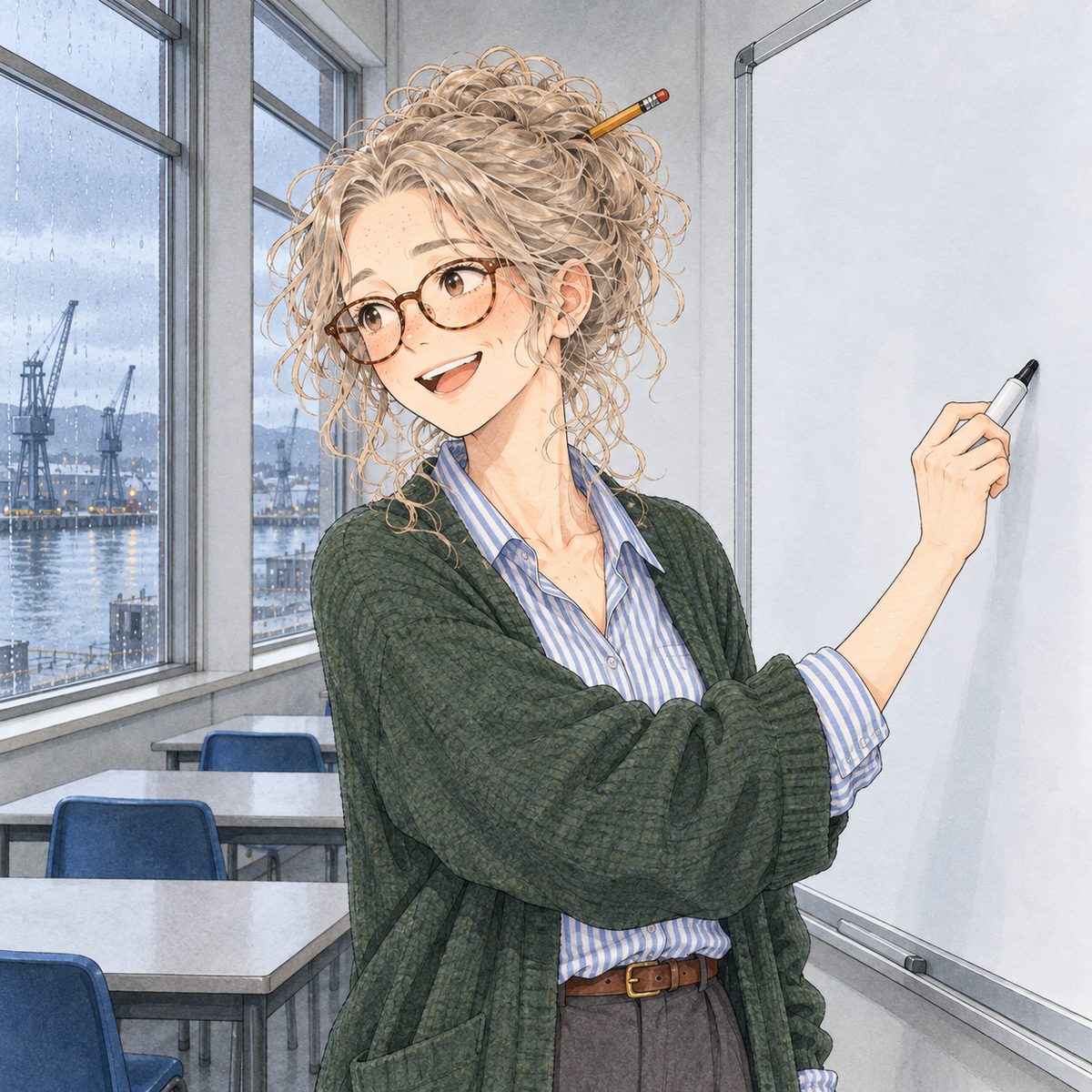 Thursday afternoon, grey light on one side of her face. Ms Rennie taps the board behind her with her marker and looks LEFT at the class, delighted. Her face in the middle of the panel. Her green cardigan below is the quiet area.