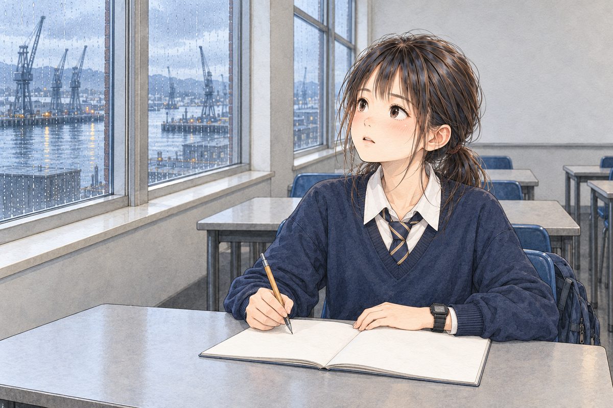 Thursday afternoon, the windows going grey-blue, the room lights on. Xiaoyu sits at her window desk on the RIGHT of the panel, her pencil stopped over an open jotter (its page blank), looking up and LEFT at the board off panel, her face lighting with an idea; her black watch on her LEFT wrist. Her face in the middle band. The lower left of the panel is the plain grey desk. The pale wall above the window is the quiet area.