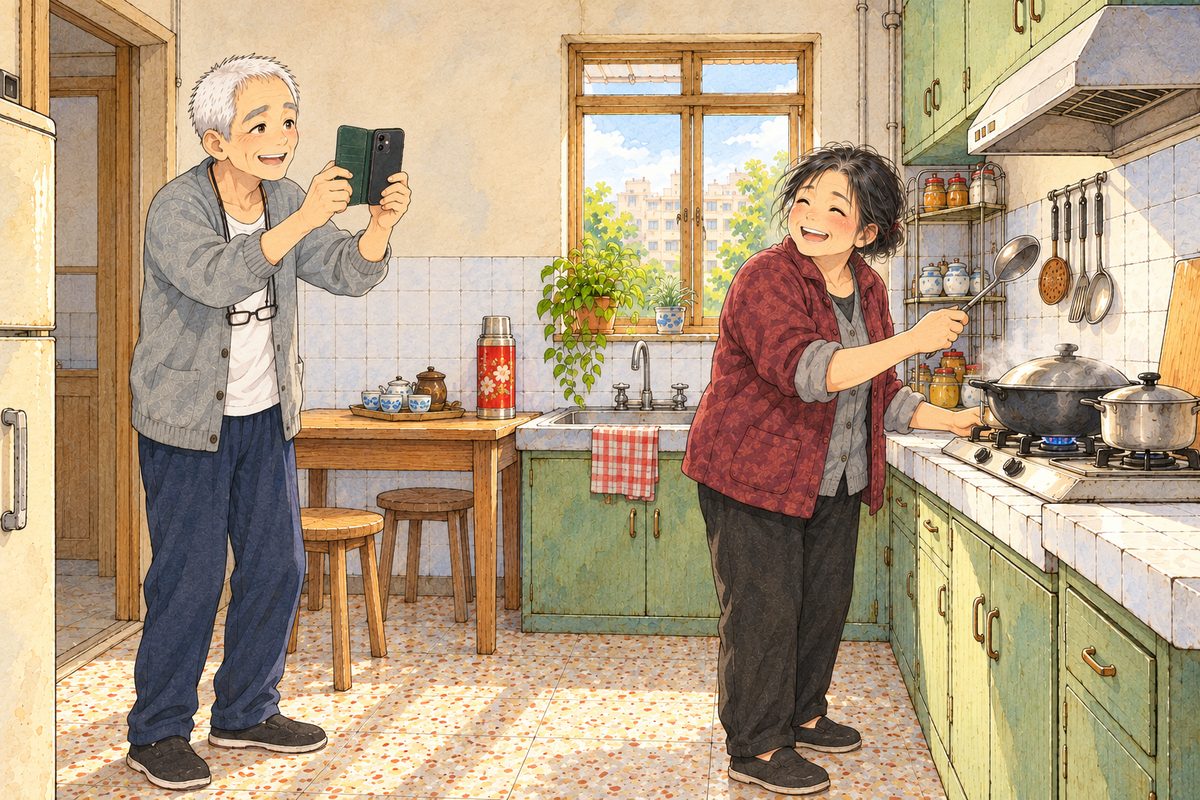 Thursday morning in Bridge City, soft grey-gold light through the small kitchen window, steam rising from a pot. Grandpa in his grey cardigan stands in the kitchen doorway holding his phone up in both hands towards Auntie Zhang, the screen towards him, and beams over the top of it; Auntie Zhang in her plum-red padded jacket, sleeves pushed up, turns from the stove laughing and waves her ladle at him. Two faces in the middle band. The white tiled wall above is the quiet area.