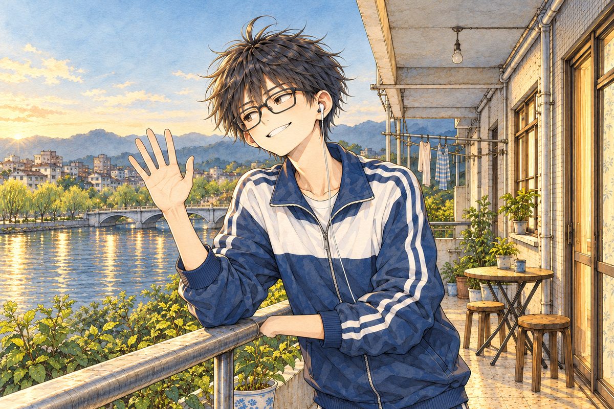 Thursday, late afternoon in Bridge City, gold light along the shared balcony. Haoran in his school tracksuit leans on the rail outside his own window and waves at Grandpa off panel to the LEFT with a lopsided grin, turned three-quarters to the VIEWER'S LEFT so we see his LEFT ear with the white earbud. His face in the middle of the panel. The rail and pot plants below are the quiet area.
