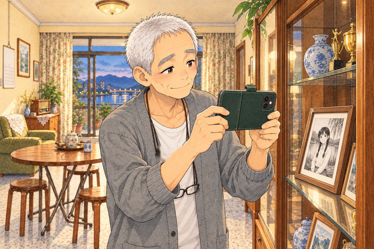 Thursday evening, a warm lamp on in the living room. Grandpa stands at his glass cabinet and points his phone, in both hands, at a small framed black-and-white photo on the middle shelf of young Meilan with her two long braids and white blouse by the lake (a photo only); he looks over the phone at the photo with a soft, shy smile. His face in the middle of the panel. The phone and the shelf below are the quiet area.