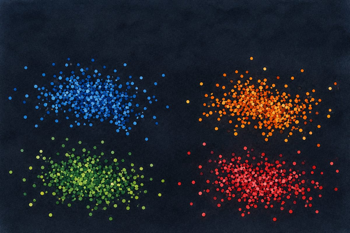 Thursday, late afternoon in Edinburgh, the screen bright. The laptop shows Haoran's shared screen: on a dark background, hundreds of small round coloured dots scattered like stars, gathered into a few tight clusters, each cluster its own colour (one blue, one orange, one green, one red), with wide dark gaps between the clusters; the dots are dots only, NOT faces. NO letters or numbers painted. The dark top of the screen is the quiet area.