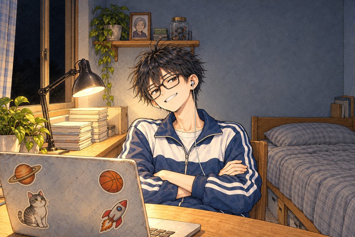 Thursday, eleven at night in Bridge City, the desk lamp warm, the window black. Haoran sits back from his laptop with his arms folded and a sure, cocky grin, turned three-quarters to the VIEWER'S LEFT so his LEFT ear with the white earbud shows; behind him on the shelf, the small framed photo of his grandma. His face in the middle of the panel. The dark wall above is the quiet area.