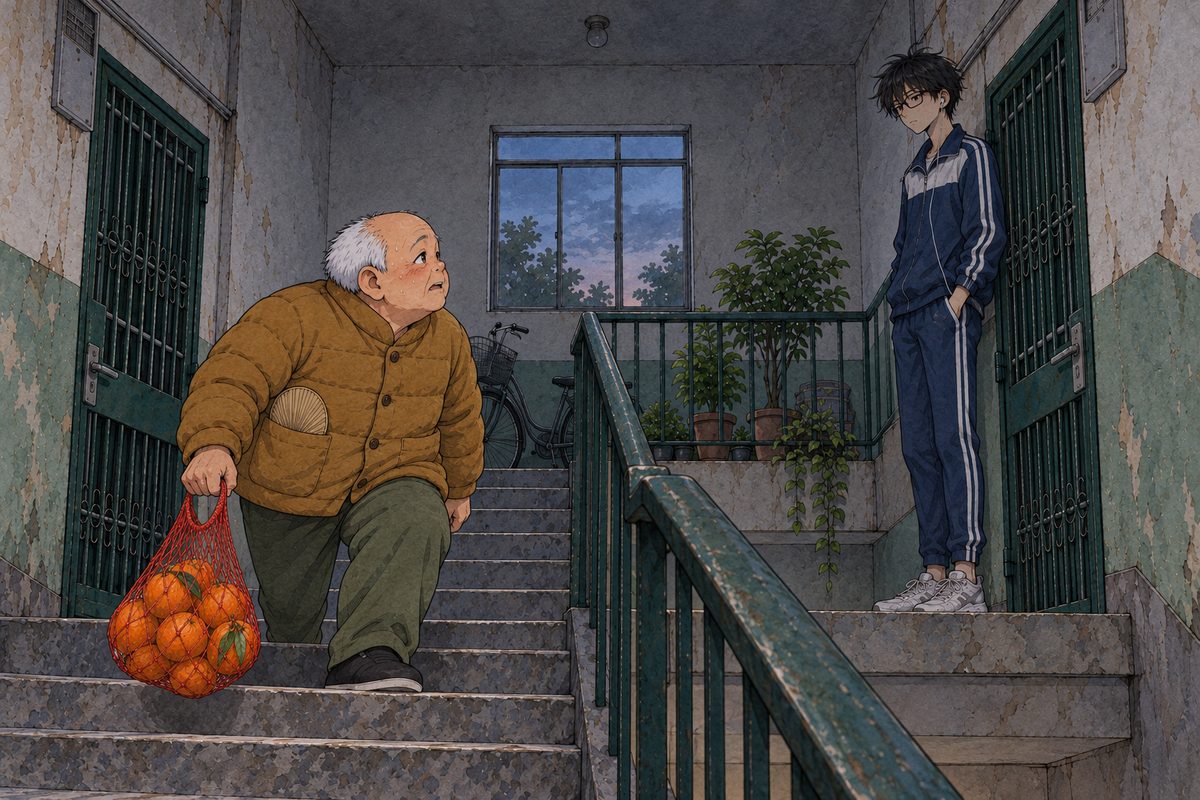 Friday at dusk in Bridge City, half past six, the bulb on the landing ceiling DEAD with no glow, only a last cold blue light from the high window; the landing is dim and grey. Uncle Wu in his mustard padded jacket climbs the last stairs with a red string net bag of oranges in one hand, puffing; Haoran in his school tracksuit waits on the landing by his own door on the RIGHT, Grandpa's gate on the LEFT still closed. Two faces in the middle band, both dim. The dark stairwell above is the quiet area.