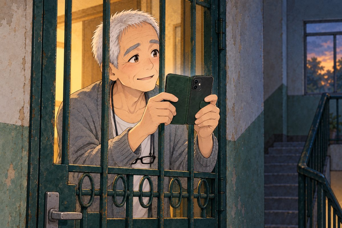 Dusk, Grandpa's own doorway lit warm from the lamp in his flat behind him, the landing outside dark. Grandpa, behind the dark green gate bars, holds his phone up in both hands the ordinary way, its screen towards him and its cold glow on his face, and looks over it to the RIGHT, hopeful. His face in the middle of the panel. The phone and his hands below are the quiet area.