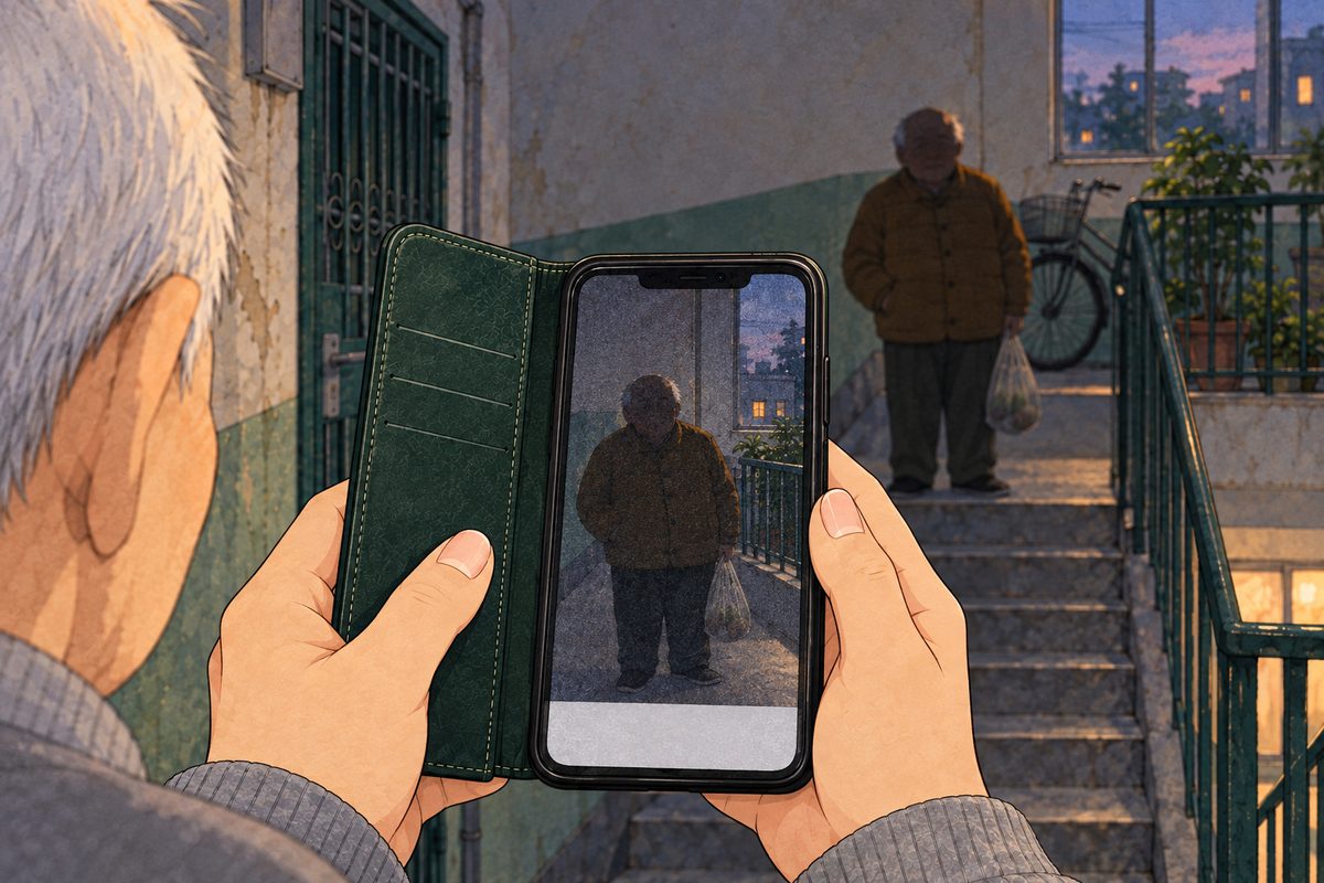 Dusk. Over Grandpa's shoulder (his white hair at the edge, his face NOT seen), the phone screen in his hands shows the camera picture of the dark landing: a round dark shape of a man, his face lost in shadow and grain, a pale net bag at his side, in the upper middle of the screen; a plain pale band along the bottom. NO letters painted.