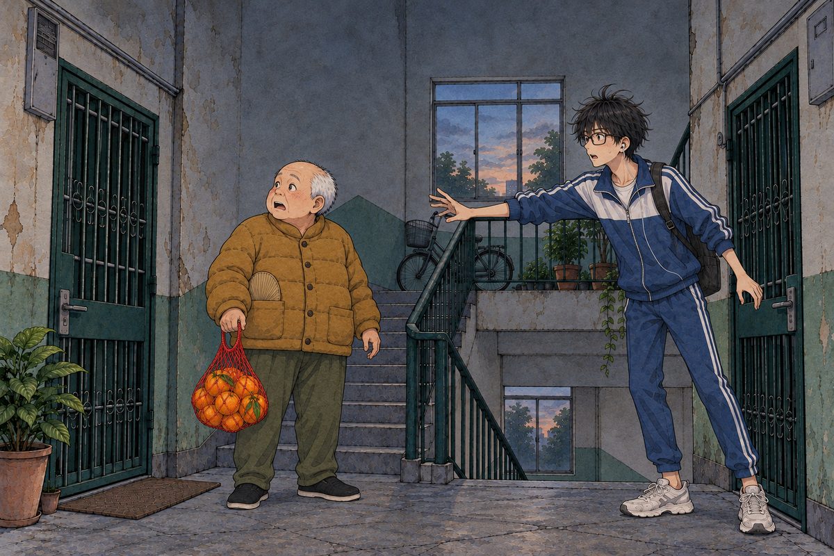 Dusk, the landing dark, the dead bulb above. Grandpa's front door behind the gate on the LEFT has just slammed shut, the warm light gone from the gap. Uncle Wu stands frozen in front of the gate with the net bag of oranges, his mouth open; Haoran on the RIGHT has one hand flung out too late. Two faces in the middle band, stunned. The dark wall above is the quiet area.