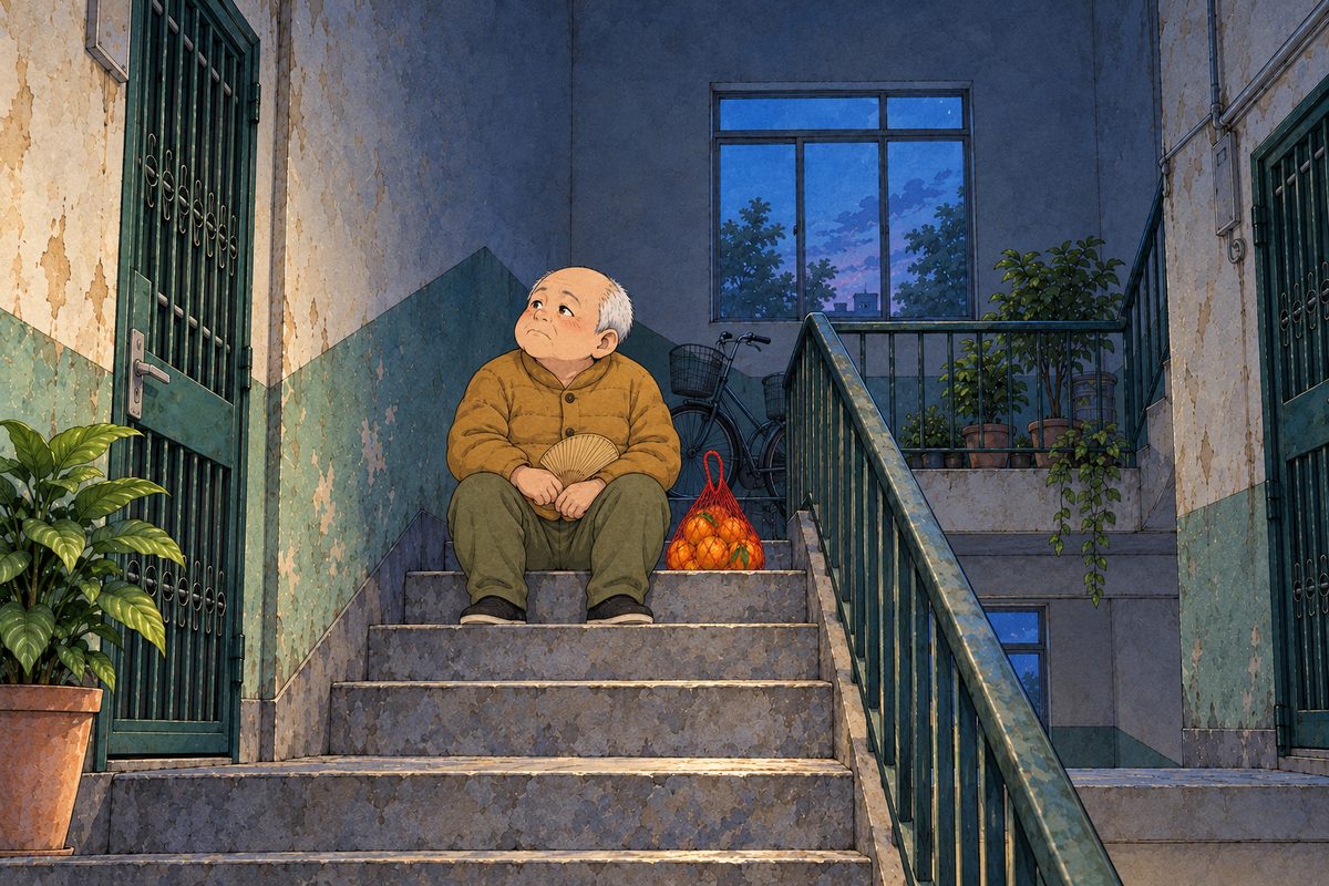 Dusk turning to night, the last blue light from the high window. Uncle Wu sits alone on the top step of the stairs in his mustard jacket, the red net bag of oranges on the step beside him, his palm-leaf fan still in his lap, looking at Grandpa's shut door; round, small and quiet. His face in three-quarter in the middle of the panel. The dark stairwell above him is the quiet area.