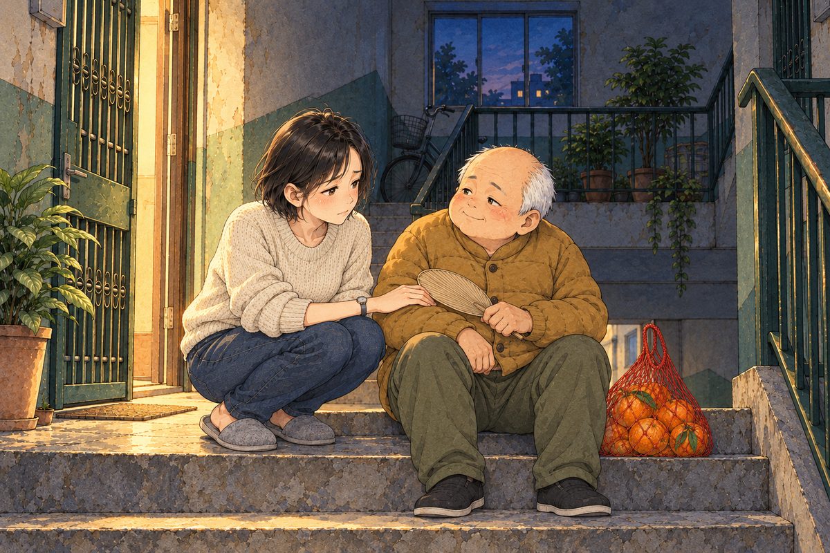 Night falling, the landing dark but for the warm light from Grandpa's open door and gate behind Mama. Mama in her oatmeal jumper has come out and crouches on the step beside Uncle Wu, one hand on his arm, ashamed and kind; Uncle Wu shakes his head and pats her hand with his fan. Two faces in the middle band. The dark stairwell above is the quiet area.