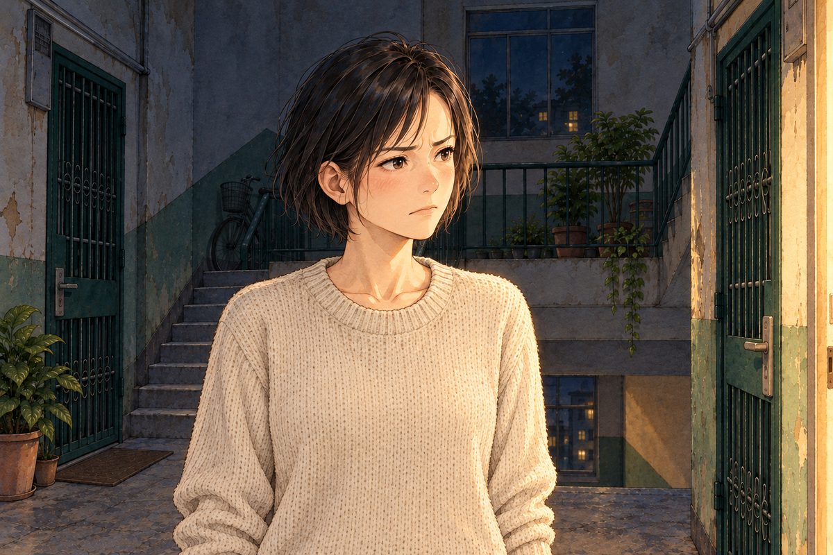 Night, the landing dark, warm light from the doorway on one side of her face. Mama has stood up and turned to Haoran off panel on the RIGHT, quietly furious, her arms tight at her sides. Her face in the middle of the panel. Her jumper below is the quiet area.