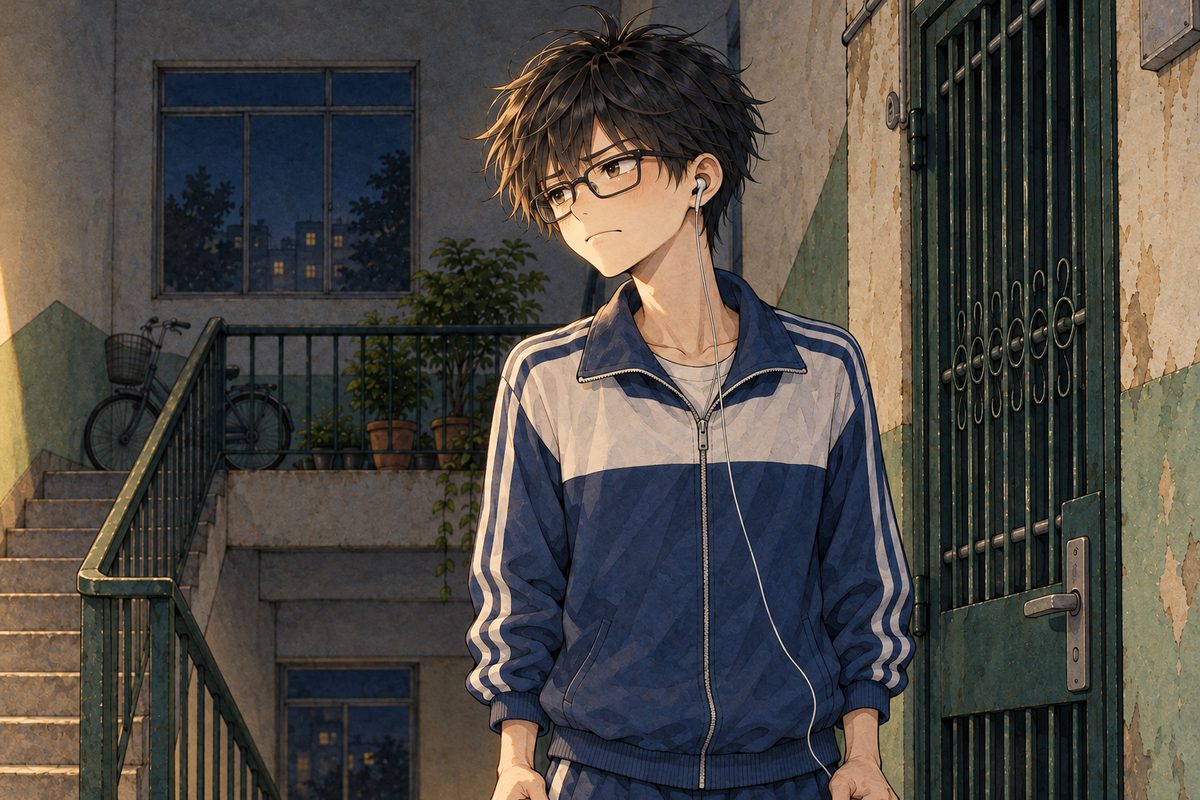 Night, the landing dark, a little warm light from Grandpa's doorway on his face. Haoran looks LEFT at Mama, stubborn and stung, his fists clenched, so we see his LEFT ear with the white earbud. His face in the middle of the panel. His tracksuit below is the quiet area.