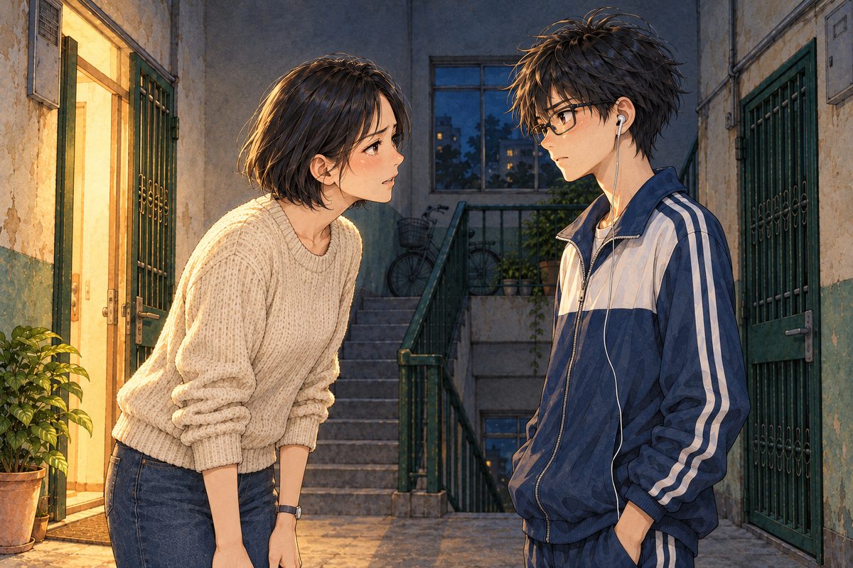 Night, the landing dark, the warm doorway light behind Mama. Mama leans in towards Haoran and speaks low and hard, not shouting; Haoran, as tall as her, stares back, his chin up but his eyes shaken. Two faces in the middle band. The dark wall above is the quiet area.