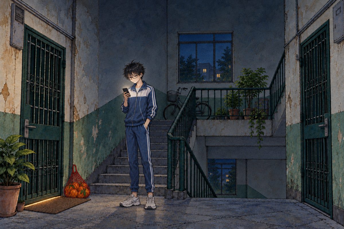 Night, the landing dark, Grandpa's door and gate shut on the LEFT with only a thin line of light under it. The red net bag of oranges sits on the floor by Grandpa's gate. Haoran stands alone in the middle of the landing looking down at his own black phone in his hand, its glow on his face. His face small in the middle of the panel. The dark stairwell above is the quiet area.