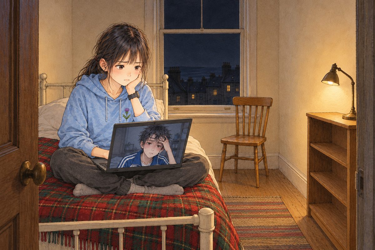 Friday night in Edinburgh, half past ten, the window black, the reading lamp on. Xiaoyu sits cross-legged on the tartan blanket with her dark grey laptop on her knees, its screen facing HER, so we see only the plain back of the lid with its thistle sticker and the screen's cool glow on her face; she is on a call with Haoran, whom we do not see. Xiaoyu's face in the middle of the panel; The dark wall above is the quiet area.