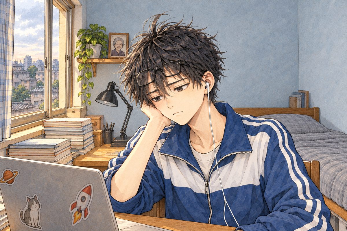 Dawn in Bridge City, grey light from the small window on the LEFT. Haoran, turned three-quarters to the VIEWER'S LEFT so his LEFT ear with the white earbud shows, his glasses pushed up on his forehead, looks down, flat and beaten. His face in the middle of the panel. His tracksuit below is the quiet area.