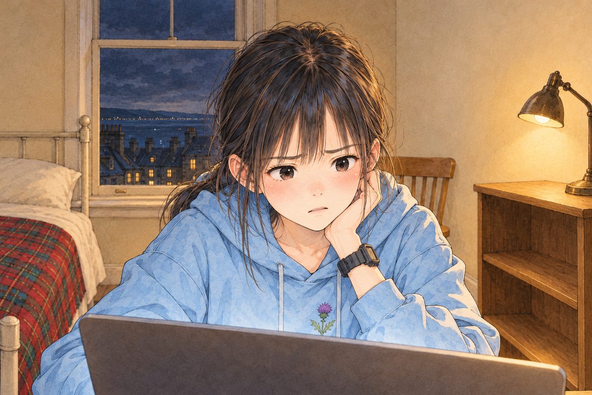 Night in Edinburgh, lamplight and screen light. Xiaoyu leans towards the laptop at the bottom of the panel, frowning, half cross and half worried for him. Her face in the middle of the panel. Her hoodie below is the quiet area.