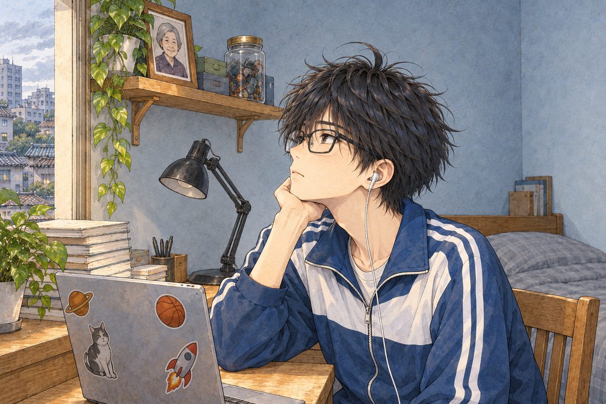 Dawn in Bridge City, grey light. Haoran has turned his head away from the camera towards the VIEWER'S LEFT, so we see his LEFT ear with the earbud, and looks up at the small framed photo of his grandma on the shelf at the left edge, his mouth tight. His face in the middle of the panel. His shoulders below are the quiet area.