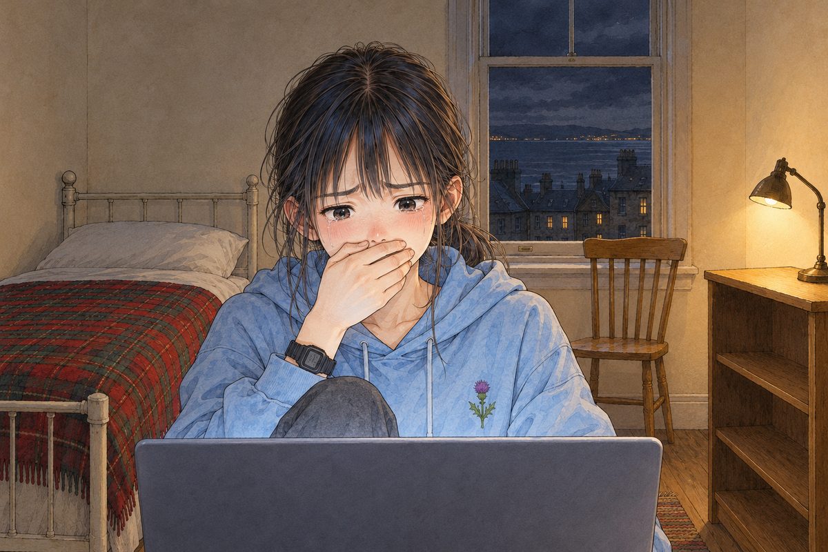 Night in Edinburgh, the screen's grey light on her face. Xiaoyu sits very still, her hand over her mouth, her eyes wet, looking down at the laptop. Her face in the middle of the panel. Her hand and hoodie below are the quiet area.