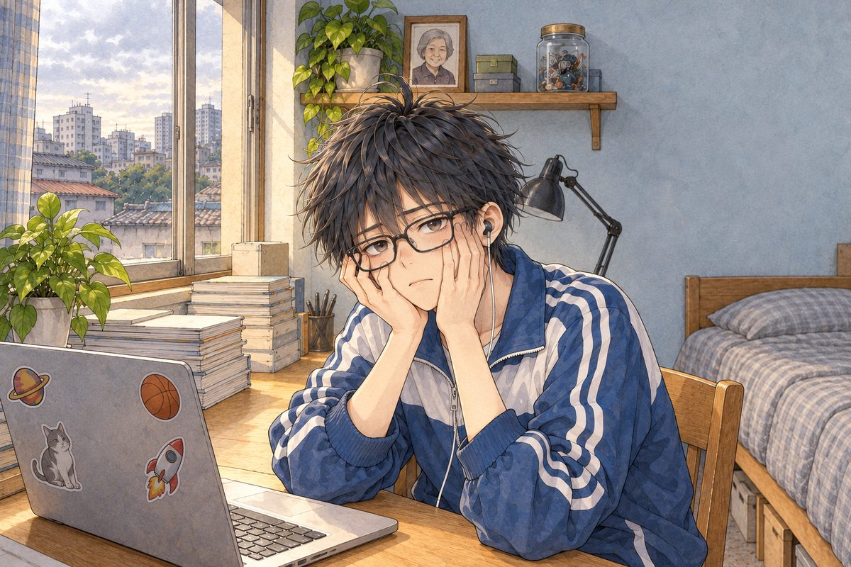 Dawn in Bridge City, grey light from the window on the LEFT. Haoran, turned three-quarters to the VIEWER'S LEFT (his LEFT ear and the earbud towards us), pulls his glasses down onto his nose and rubs his face with both hands, then looks back at the camera, raw. His face in the middle of the panel. The pale wall above is the quiet area.