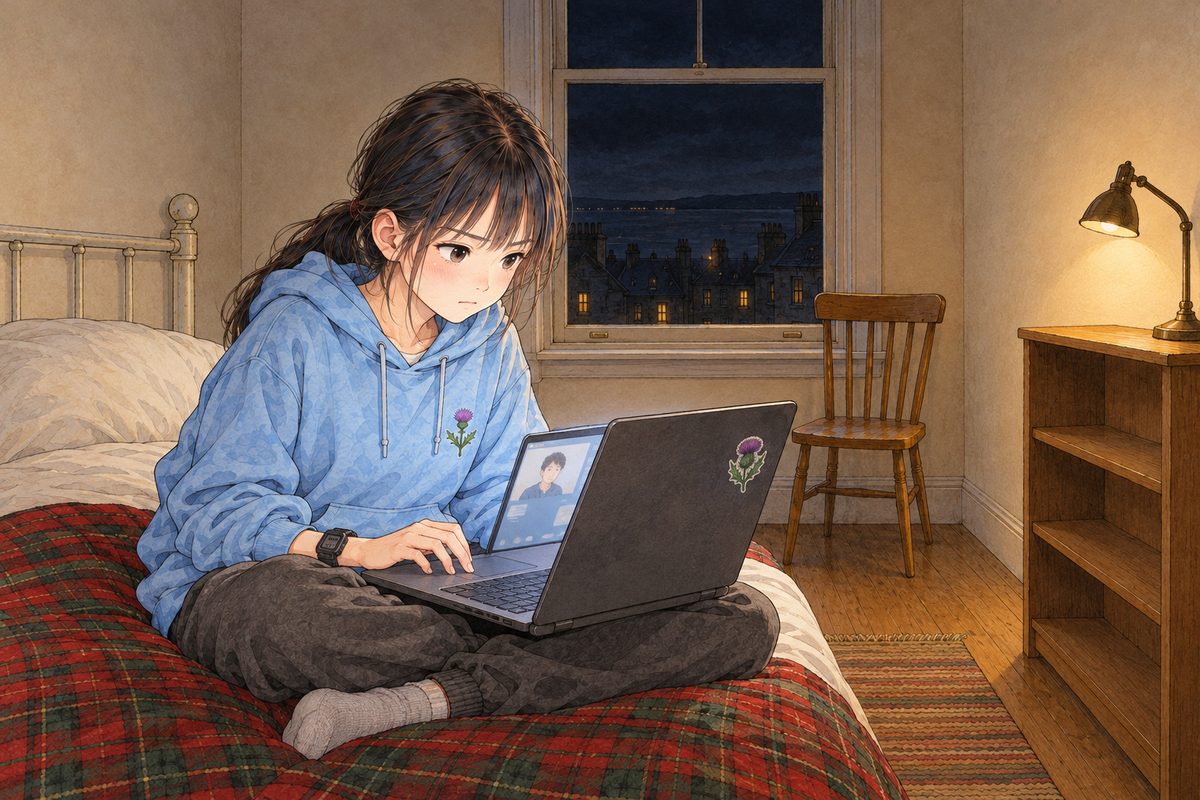 Friday night in Edinburgh, the window black, the reading lamp on. Xiaoyu sits forward on the bed with the laptop on her knees, its screen facing her so we see only the plain back of the lid, scrolling fast with two fingers on the trackpad, her face set, her black watch on her LEFT wrist; Haoran's call still open in a small window. Her face in three-quarter in the middle of the panel. The dark wall above is the quiet area.