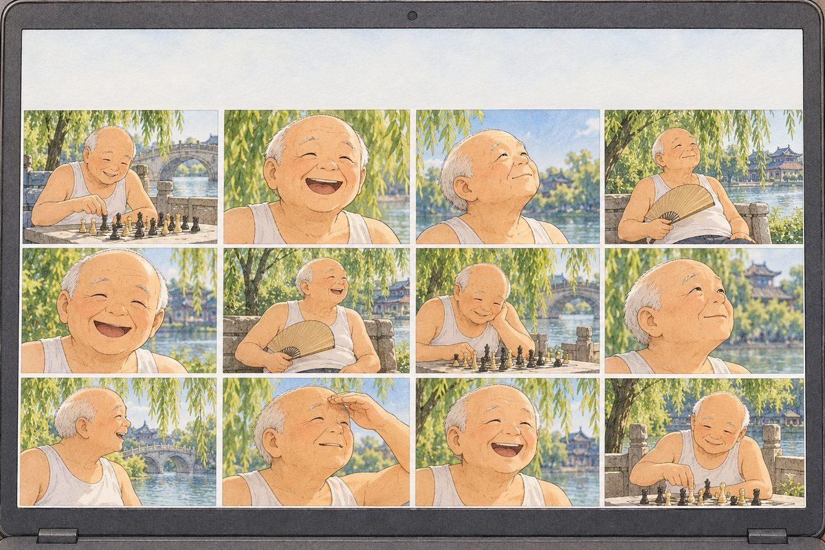 Night. The laptop screen fills the panel with a grid of small photos of the same round bald old man with a fringe of white hair, Uncle Wu, every one in bright summer sun: in his white vest at a stone chess table under green willows, fanning himself on a park bench, laughing by the blue-green lake, squinting into the light. All bright, all green and gold. NO letters painted.