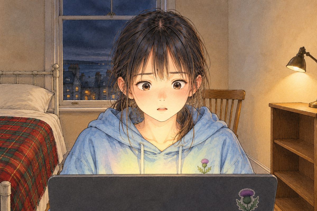Night, the screen's bright summer colours reflected on her face. Xiaoyu stares down at the laptop below the panel, her eyes widening. Her face in the middle of the panel. The laptop's edge below is the quiet area.