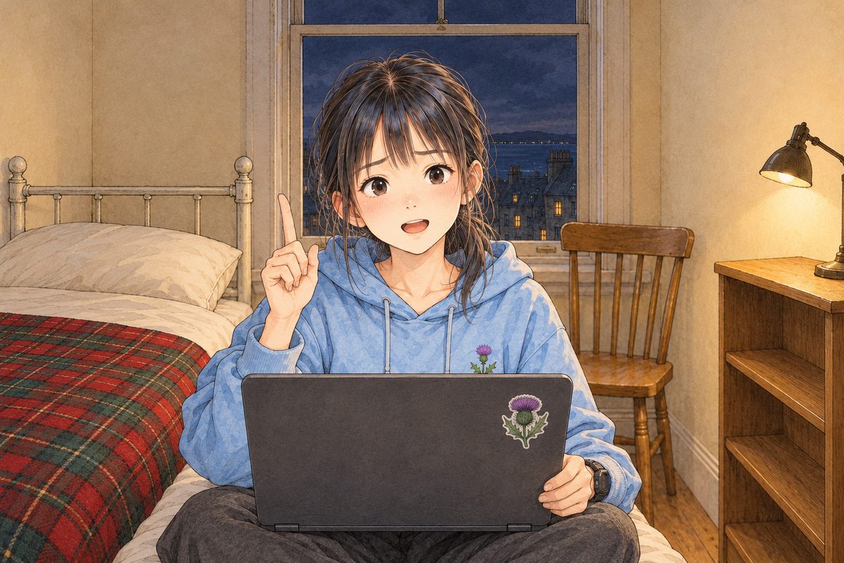 Night in Edinburgh, lamplight. Xiaoyu sits up very straight on the bed, the laptop on her knees, and leans towards its camera, eager and certain, one finger raised. Her face in the middle of the panel. The dark window above is the quiet area.