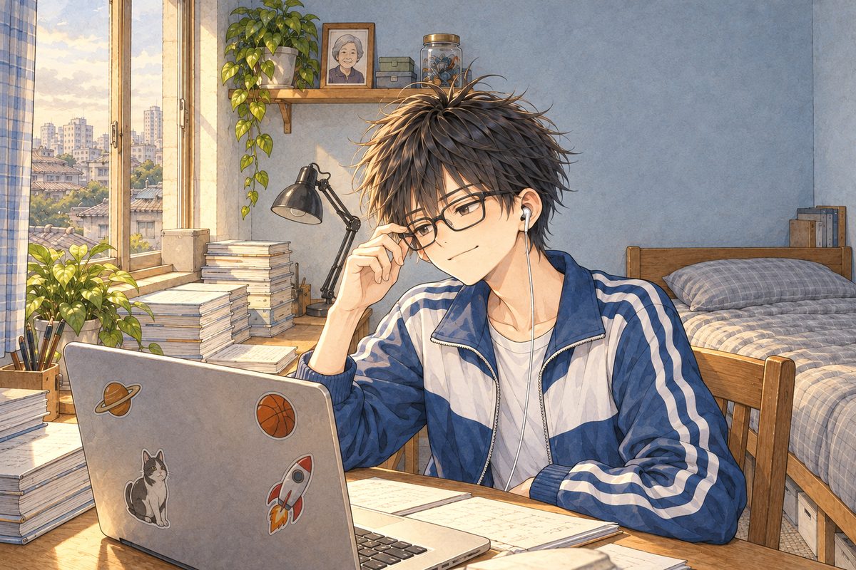 Dawn in Bridge City, the grey light turning pale gold in the window on the LEFT. Haoran sits up, pushes his glasses back on, turned three-quarters to the VIEWER'S LEFT so his LEFT ear with the earbud shows, and a slow grin starts across his tired face. His face in the middle of the panel. The pale wall above is the quiet area.