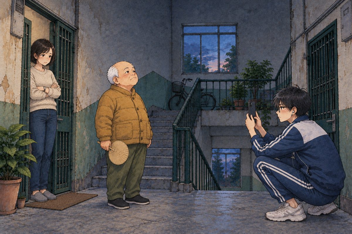 Saturday at dusk in Bridge City, the bulb DEAD with no glow, the last blue light from the high window. Uncle Wu in his mustard jacket stands stiffly in front of Grandpa's gate as if for a passport photo, chin up, his fan at his side; Haoran in his tracksuit crouches on the RIGHT with his black phone held up in both hands, its screen towards him, photographing him; Mama stands in Grandpa's doorway on the LEFT behind the gate, arms folded, watching. Three faces in the middle band, dim. The dark stairwell above is the quiet area.