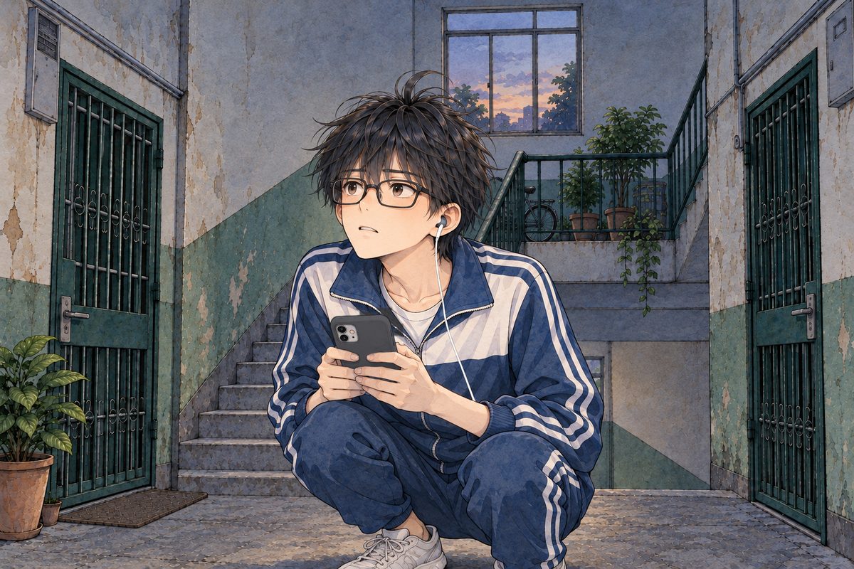 Dusk, the landing dim, his phone's glow on his face. Haoran, crouching, looks up and LEFT at Uncle Wu off panel, earnest, his phone in both hands, so we see his LEFT ear with the white earbud. His face in the middle of the panel. His knees and the phone below are the quiet area.