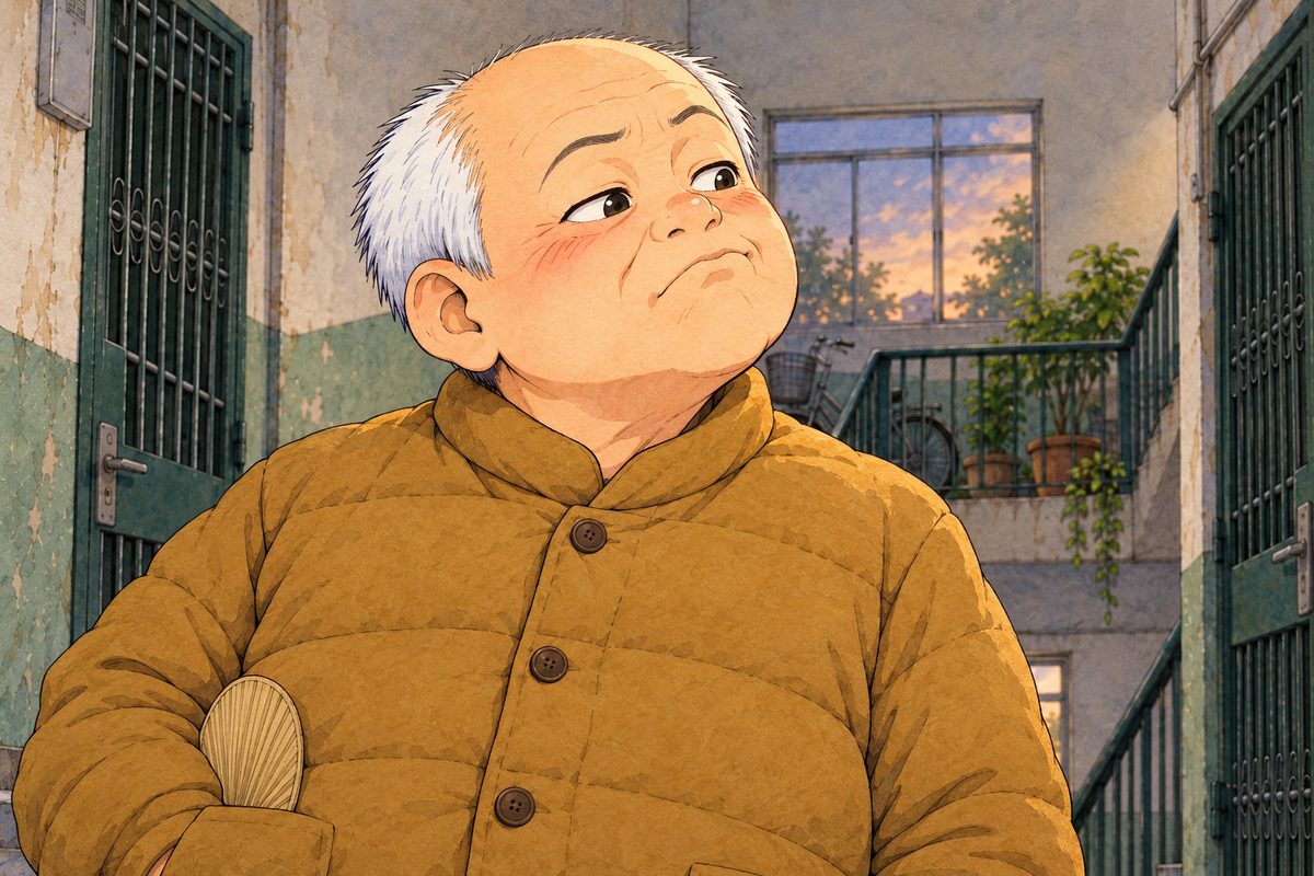 Dusk, the landing dim. Uncle Wu looks down and to the RIGHT at Haoran with mock scorn, already turning his round face a little to one side to show what he thinks is his better side. His face in the middle of the panel. His mustard jacket below is the quiet area.
