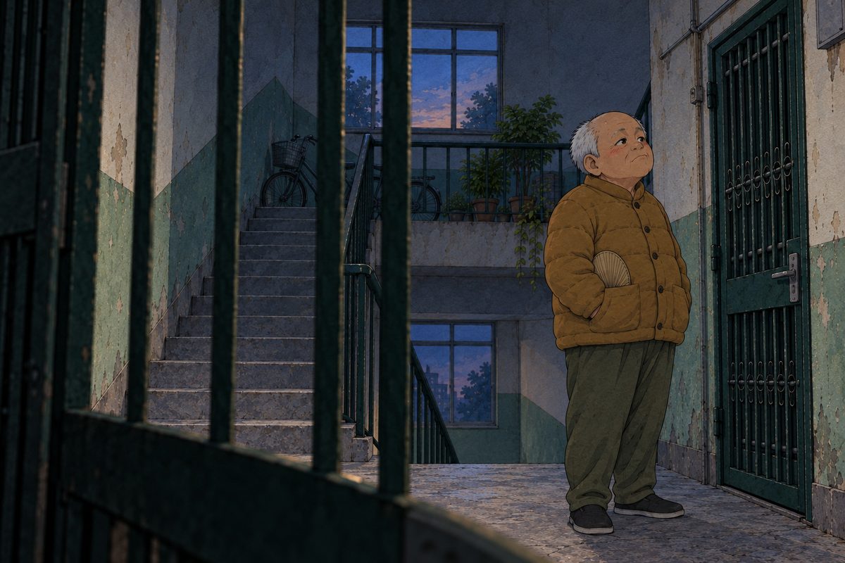 Dusk, the landing dark, the dead bulb above. Seen from inside Grandpa's doorway at an old man's eye height, through the dark green gate bars, Uncle Wu stands on the dim landing in his mustard jacket, his face in shadow and grey, half turned, patient. His face in the right half of the panel, in the middle band. The lower left is the dark bars and floor. The dark stairwell above is the quiet area.