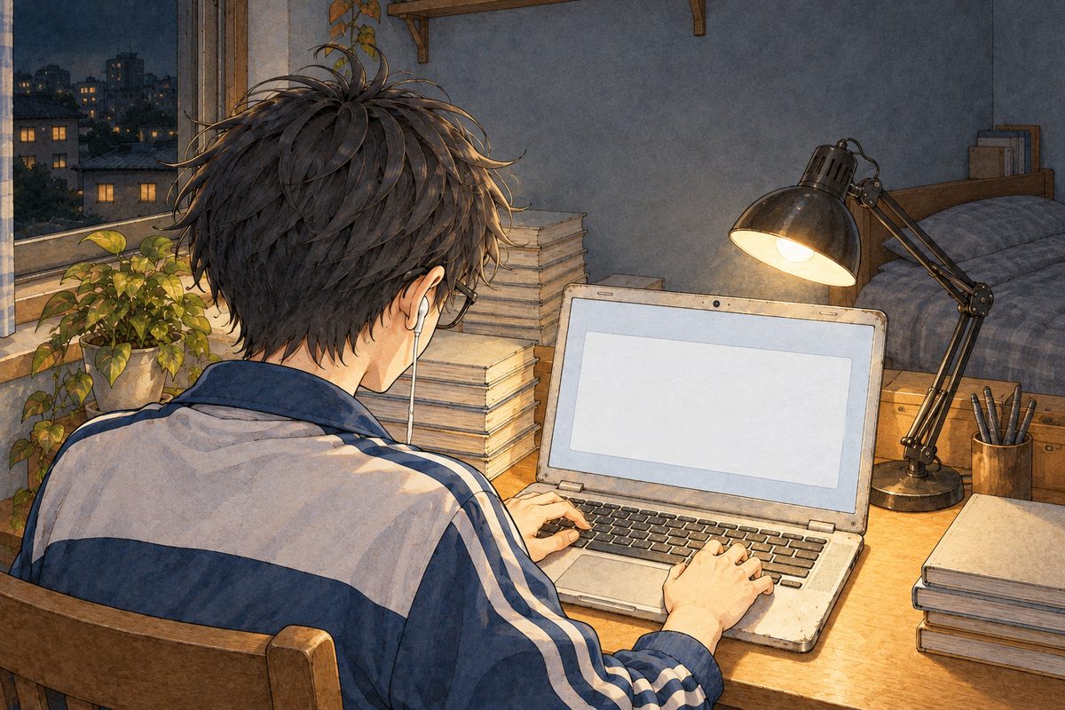 Saturday night in Bridge City, the desk lamp warm, the window black. From behind Haoran's LEFT shoulder (the back of his head, the white earbud wire at his LEFT ear, his face NOT seen), his silver sticker-covered laptop shows one plain window with a single line in a pale box; NO letters painted. The dark wall above the laptop is the quiet area.