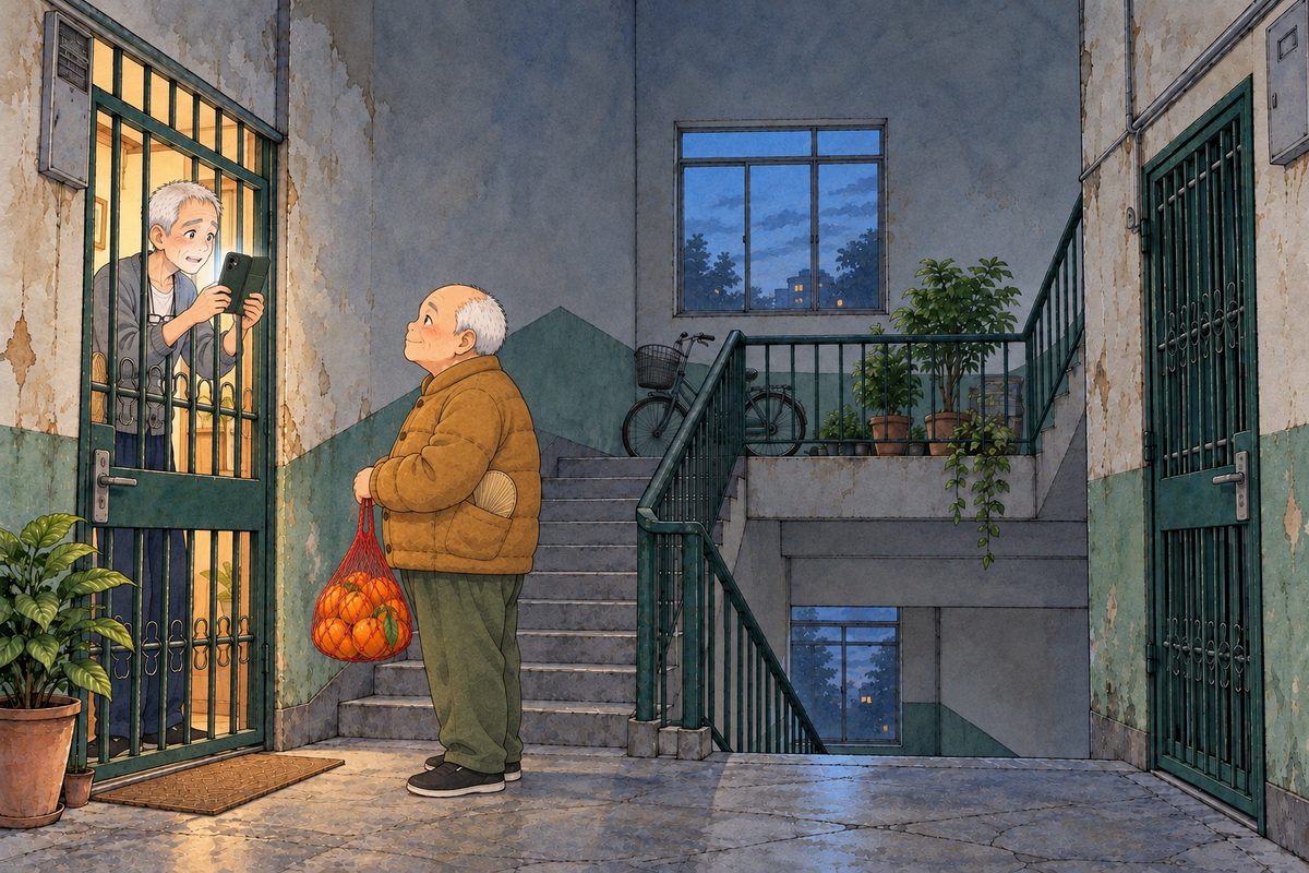 Sunday at dusk in Bridge City, the bulb still DEAD with no glow, the high window cold blue. Grandpa in his grey cardigan stands in his lit doorway on the LEFT behind the closed gate, his phone raised in both hands, screen towards him, its glow on his face, frightened and hoping; Uncle Wu in his mustard jacket waits on the dark landing in front of the gate with a new red net bag of oranges, very still. Two faces in the middle band. The dark stairwell above is the quiet area.