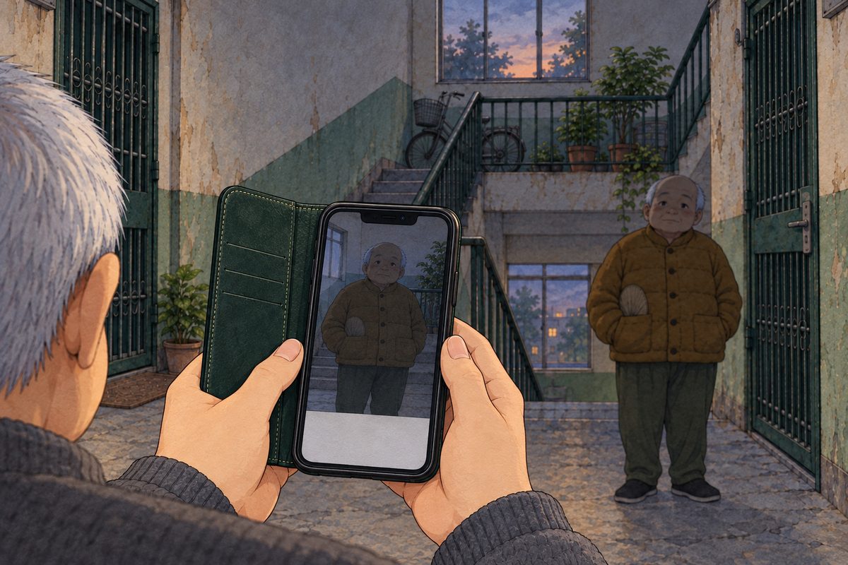 Dusk. Over Grandpa's shoulder (his white hair at the edge, his face NOT seen), the phone screen shows the camera picture of the dim landing: the round shape of Uncle Wu in the shadow, his face grey and faint, in the upper middle of the screen; a plain pale band along the bottom. NO letters painted.