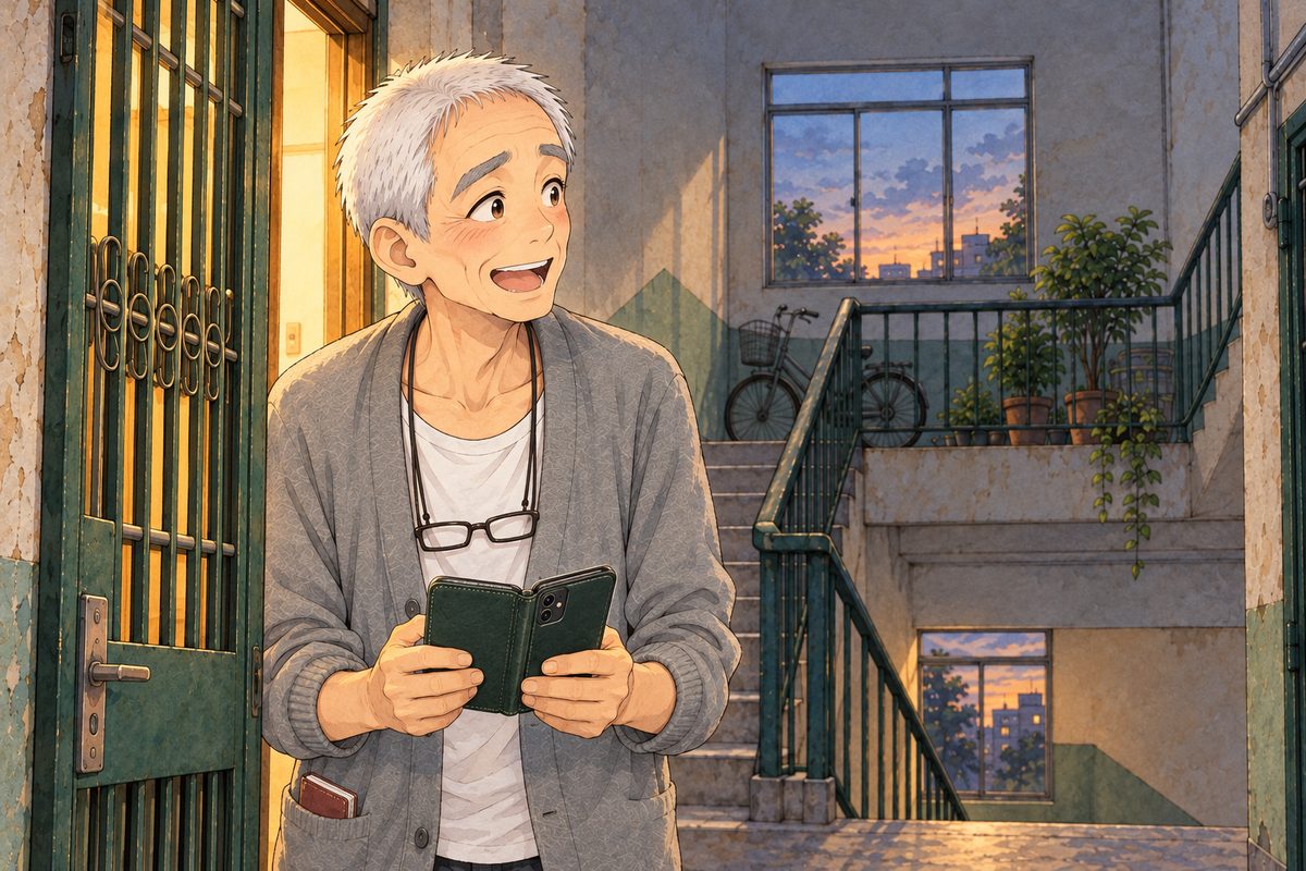Dusk, his doorway lit warm behind him. Grandpa lowers the phone and looks RIGHT through the bars at Uncle Wu off panel, his face breaking open: recognition, joy and mock outrage all at once, eyebrows up. His face in the middle of the panel. The phone in his hands below is the quiet area.