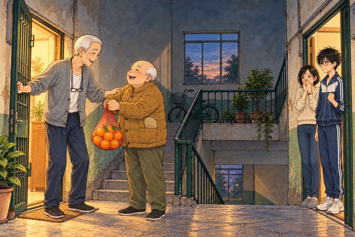 Dusk, the warm light from Grandpa's flat now spilling out onto the dark landing. Grandpa swings the dark green gate open with one hand and grabs Uncle Wu's sleeve with the other; Uncle Wu laughs, pushing the net bag of oranges at him. Far back in Haoran's open doorway on the RIGHT, small: Mama with both hands over her mouth, and Haoran beside her with one fist clenched in a silent yes, his LEFT ear and earbud towards us. Grandpa's and Wu's faces in the middle band, the two small faces at the right. The dark stairwell above is the quiet area.