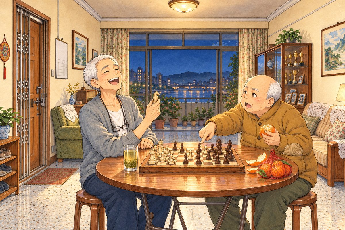 Sunday evening in Bridge City, the warm lamp on, the balcony doors dark blue. Grandpa and Uncle Wu sit facing each other across the round folding table over the 8 by 8 Western chessboard, each with his own pieces nearest him; Grandpa throws his head back laughing with a knight in his fingers, Uncle Wu points at the board in protest, a half-peeled orange in his other hand; orange peel and Grandpa's tall glass of green tea at the table's edge. Two faces in the middle band. The dim ceiling above the lamp is the quiet area.