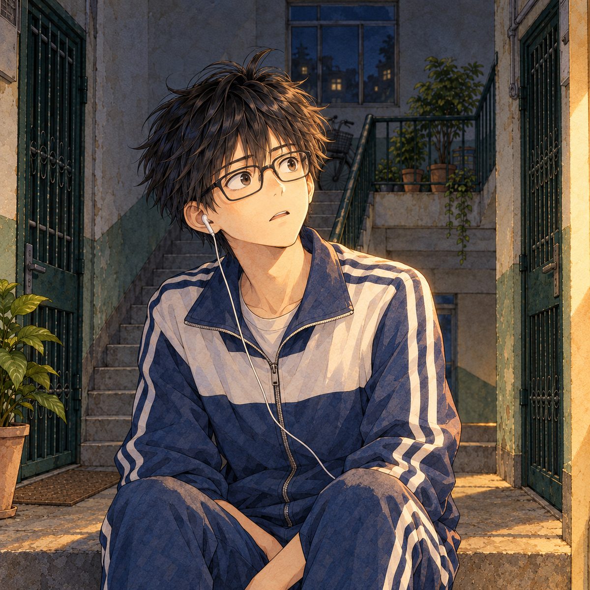 Night, the warm stripe of light from the door on his face. Haoran looks up and LEFT at Mama, surprised, so we see his LEFT ear with the white earbud. His face in the middle of the panel. His knees below are the quiet area.