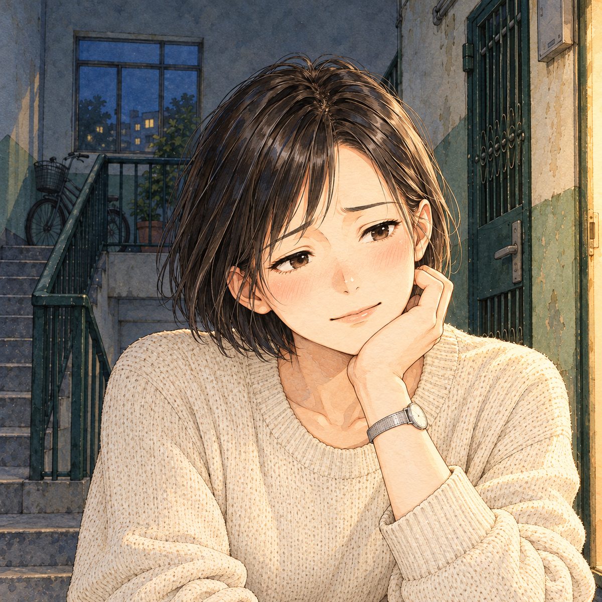 Night, the warm light from the door on one side of her face. Mama looks down and to the RIGHT at Haoran with a tired, rueful smile, her chin on her hand. Her face in the middle of the panel. Her jumper below is the quiet area.