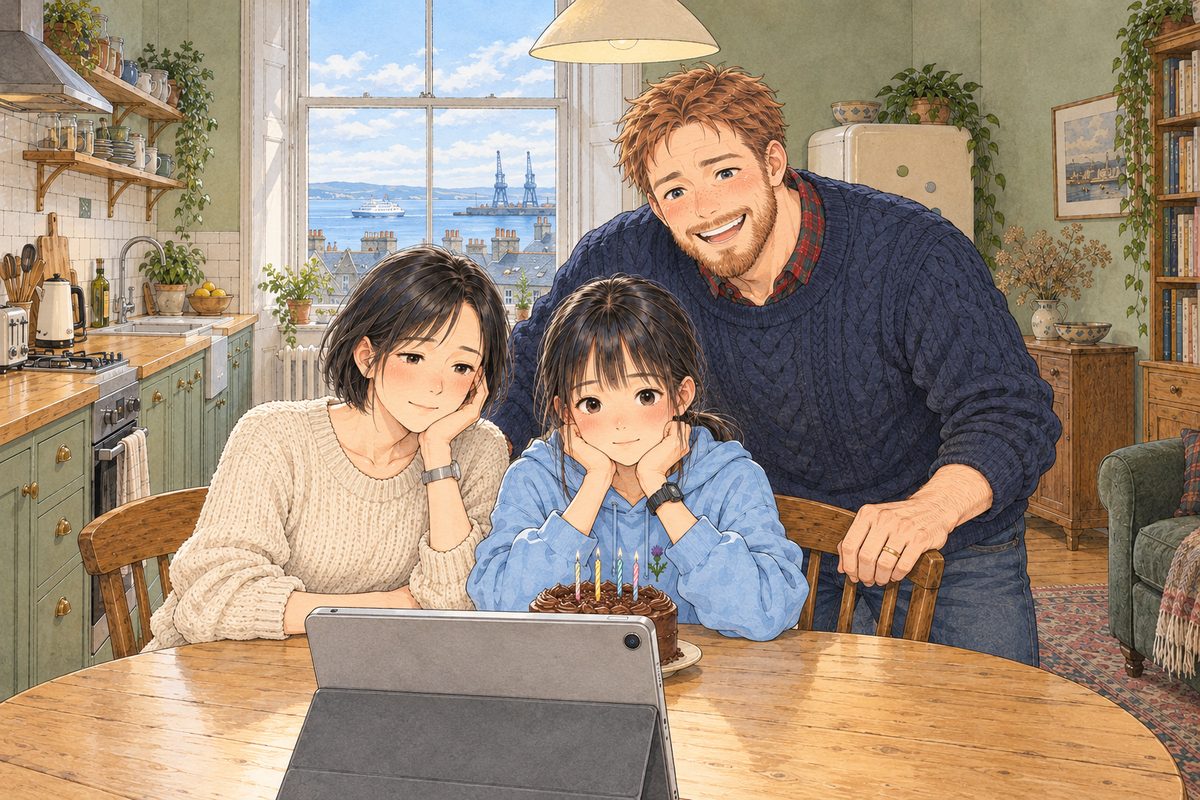 SUMMER, a Saturday in July in Edinburgh, NOT spring: nine in the morning, bright pale summer sun on the sea in the tall sash window, the window open a crack. Xiaoyu in her sky-blue hoodie sits at the round table facing the tablet (its grey back to us at the bottom edge); in front of her a small round chocolate cake with thin candles, unlit. Mama in her oatmeal jumper sits beside her; Papa, huge in his navy jumper, leans in behind them grinning. Three faces in the middle band. The bright window and ceiling above are the quiet area.