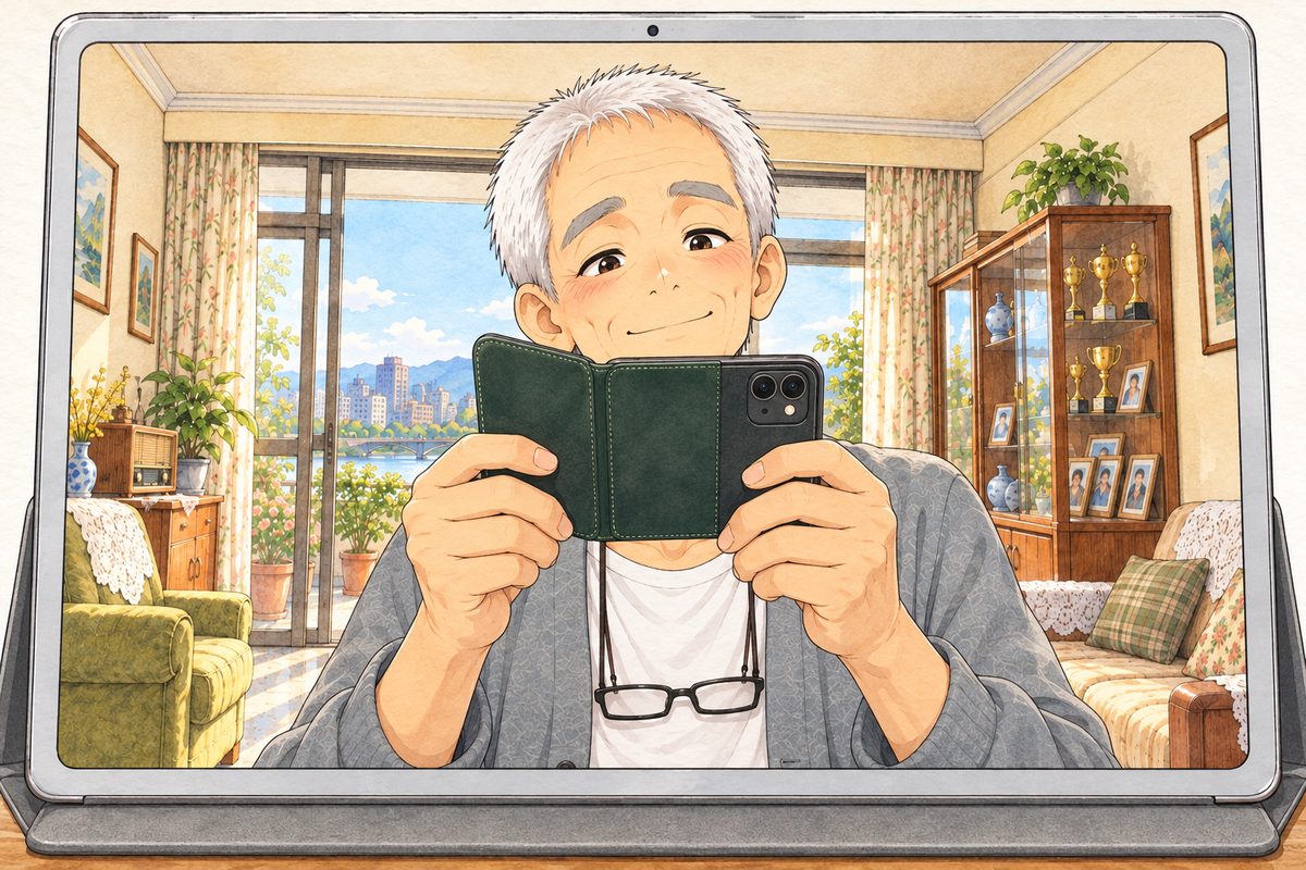 On the tablet screen, Bridge City in SUMMER at four in the afternoon, warm gold light, the balcony doors open. Grandpa in his grey cardigan over a white vest, seen a little from below as Auntie Zhang's phone sees him, has fished his own phone in its dark green flip cover out of his LEFT cardigan pocket and is lifting it in both hands, its back towards us, peering over it, busy and pleased. His face in the middle of the screen. His cardigan below is the quiet area.