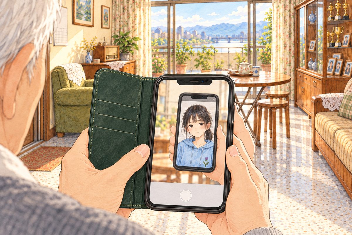 Bridge City, SUMMER, four in the afternoon, gold light. Over Grandpa's shoulder (his white hair at the edge, his face NOT seen), his phone screen shows the camera picture of Auntie Zhang's phone in its black case held up in front of him, and on that small screen the face of a fourteen-year-old girl with a straight fringe and a low ponytail in a sky-blue hoodie, small, a little blurred, in the upper middle of his screen; a plain pale band along the bottom. NO letters painted.