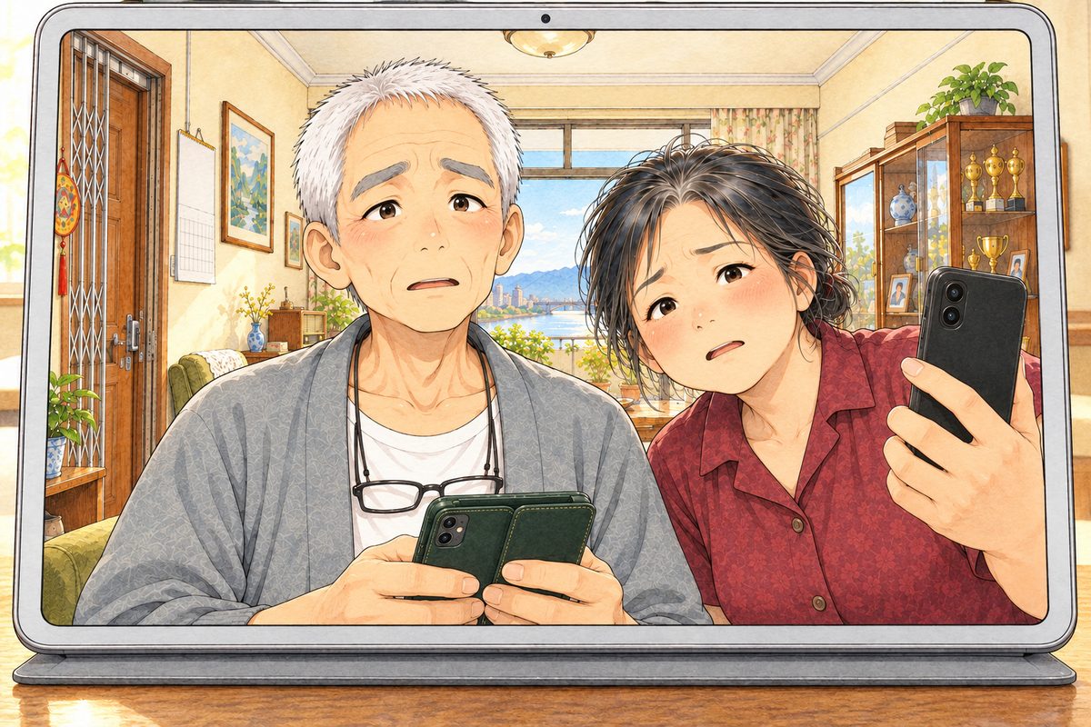 On the tablet screen, Bridge City in SUMMER, warm gold light. Grandpa has lowered his phone and looks from it to the screen, puzzled, his smile gone uncertain; at the right edge Auntie Zhang in her short-sleeved plum-red blouse leans in, her kind face worried, holding her own phone up for the call. Two faces in the middle band of the screen. The cream wall above is the quiet area.