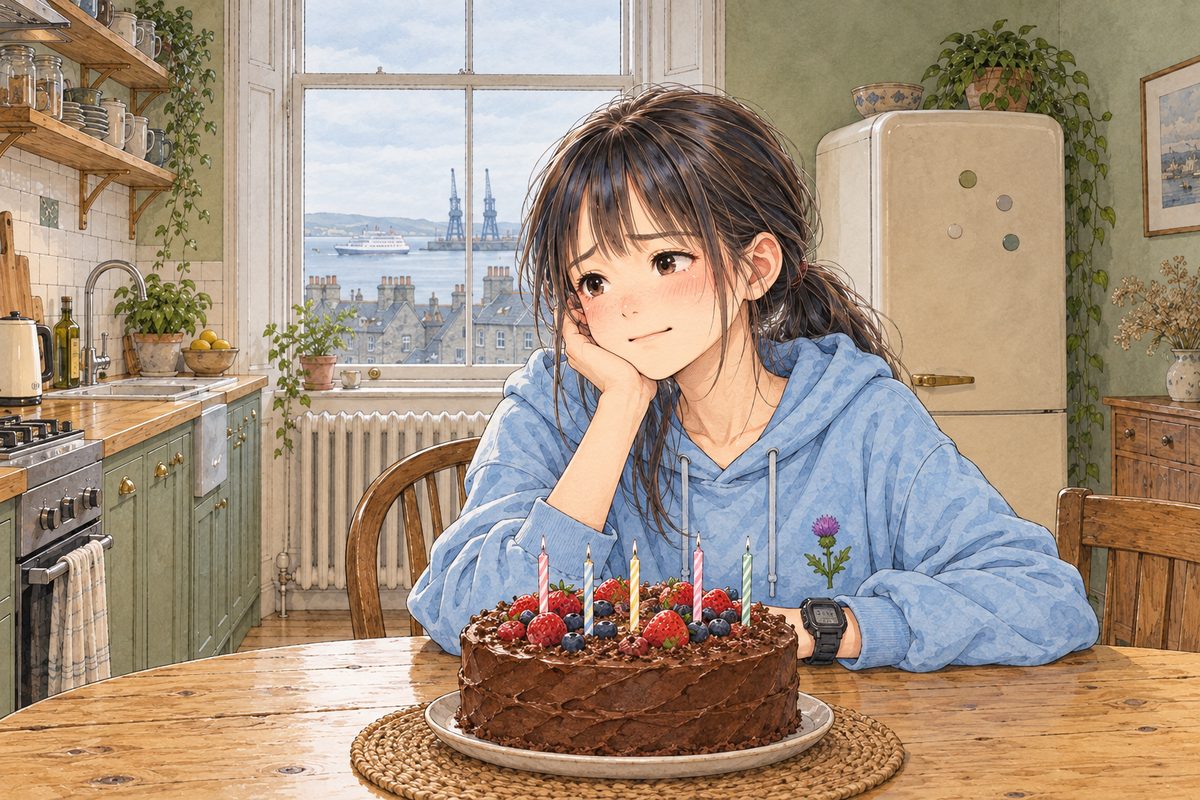 SUMMER morning in Edinburgh, bright pale light from the window behind her. Xiaoyu leans in towards the tablet off panel on the LEFT, her smile wobbling, the unlit cake in front of her; her black watch on her LEFT wrist on the table. Her face in the middle of the panel. The bright window above her is the quiet area.