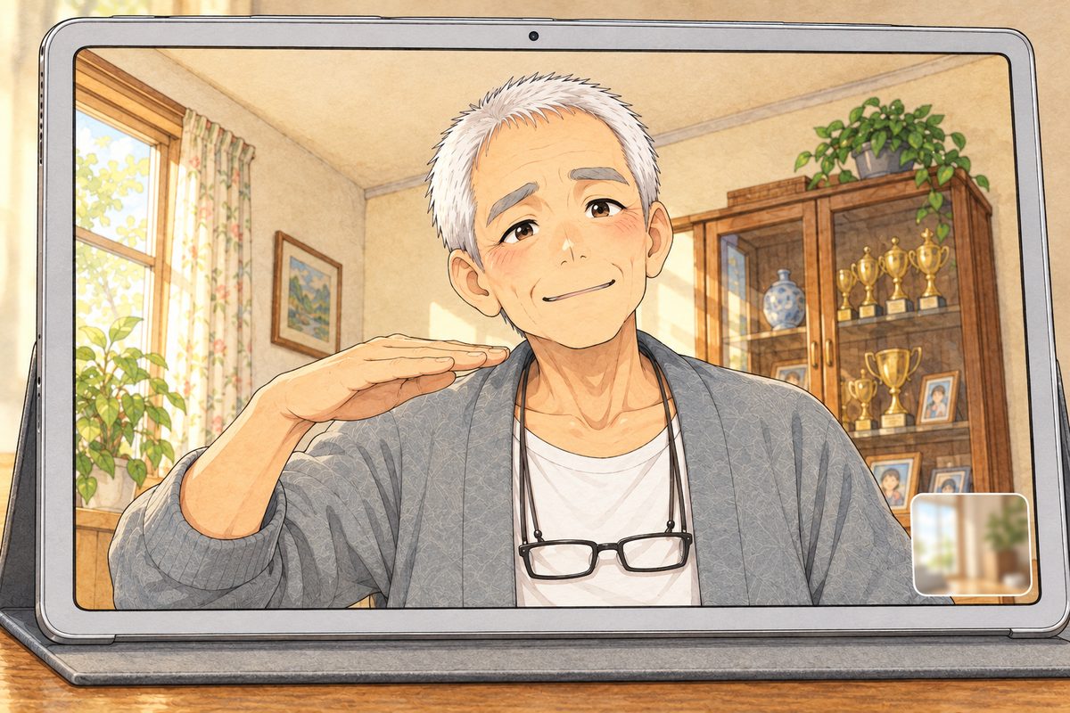 On the tablet screen, Bridge City in SUMMER, warm gold light. Grandpa smiles kindly at the screen, a little puzzled, and holds his big flat hand out level at about the height of his own chest, palm down, showing how tall a small girl is. His face in the middle of the screen beside his raised hand. His cardigan below is the quiet area.