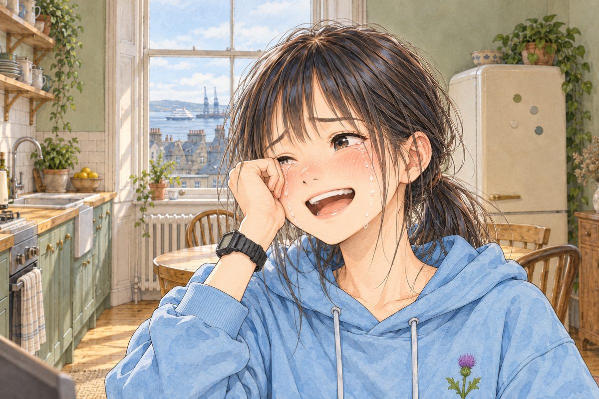 SUMMER morning in Edinburgh, bright light. Xiaoyu laughs and cries at once, looking LEFT at the tablet off panel, wiping one eye with the heel of her hand. Her face in the middle of the panel. Her hoodie below is the quiet area.
